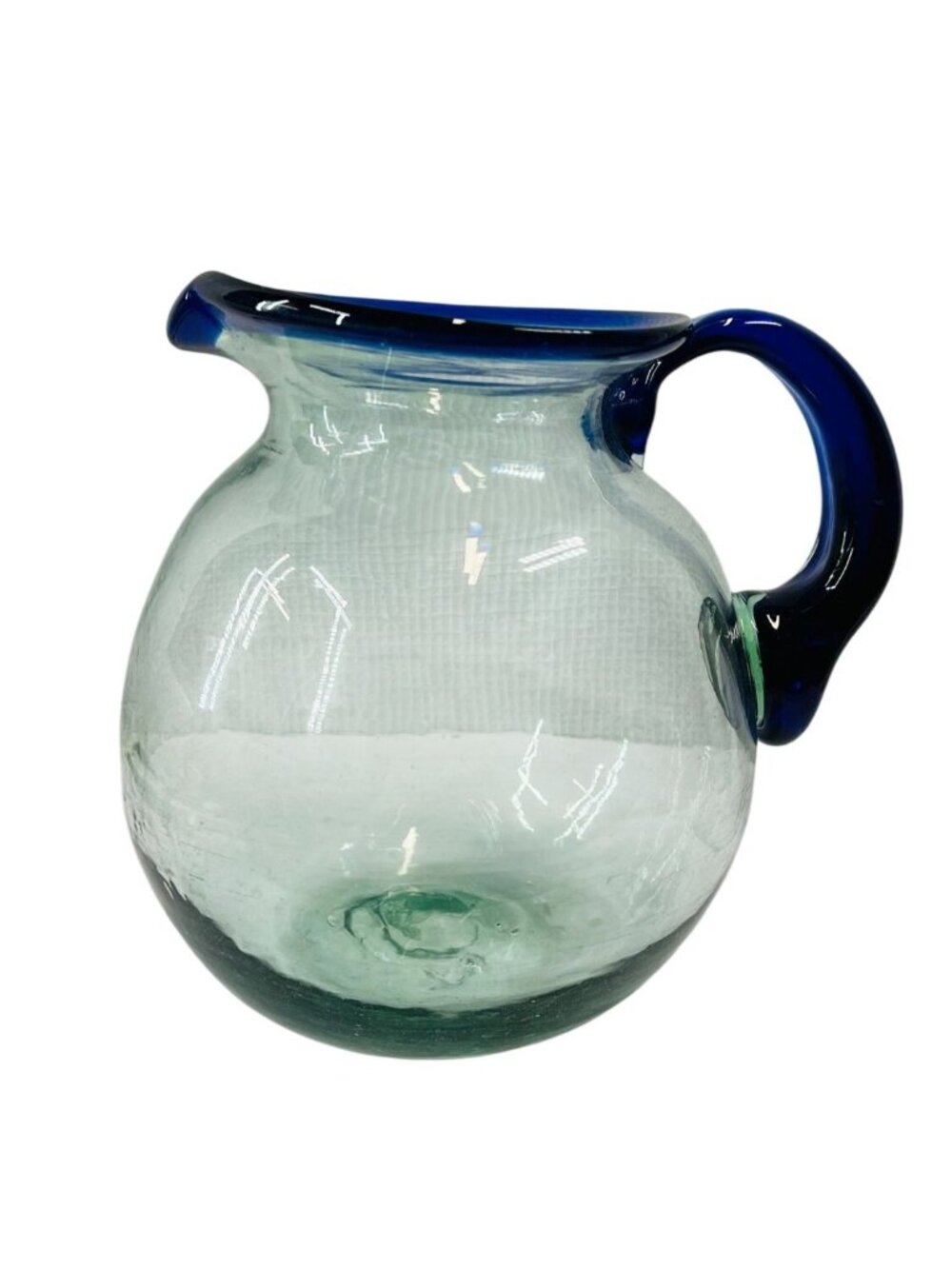Vintage Mexican Hand-Blown Recycled Glass Pitcher - Cobalt Blue Rim & Handle